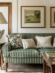 Green Striped Sofa With Floral Pillows In A Room