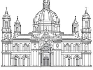 Minimalist Outline of a Historic Cathedral with Architectural Highlights
