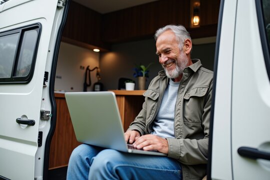 Happy Senior Man Working on Laptop Inside Cozy Van, Perfect for Remote Work, Travel, and Freelancing Concepts