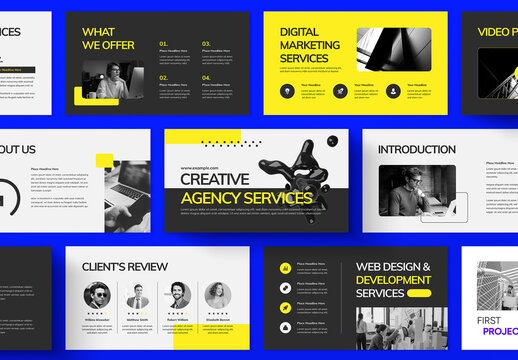 Black Yellow Modern Creative Agency Services Presentation Template Layout