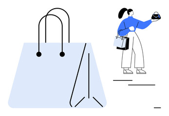 Woman with ponytail holding small purse, large shopping bag beside her, walking confidently. Ideal for online shopping, retail, fashion lifestyle, modern consumerism, female empowerment, minimalistic