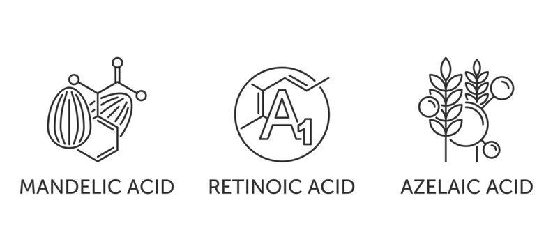 Mandelic, Retinoic, Azelaic acid - icons set set for labeling in thin line