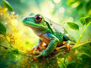 Amphibian Rubber Double Exposure: Surreal Green Frog & Leafy Texture