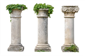 Fototapeta premium Three Ancient Stone Columns with Green Ivy on Top Isolated on White Background