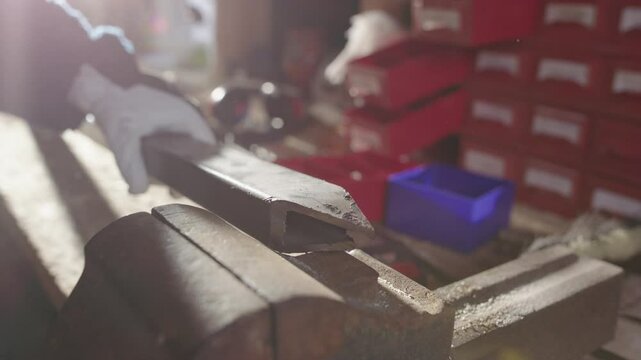 Sharp points of metal post for storm protection hammered together on bench vice