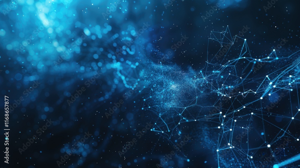 Poster Abstract blue technology background with futuristic digital lines. Dynamic network wave and particle communication. Modern tech design with glowing motion and internet space concepts