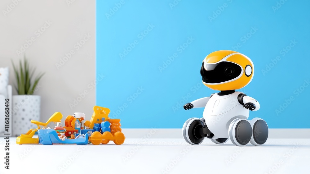 Poster a playful robot toy interacts with colorful construction blocks.