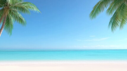 Serene beach scene with clear blue water and palm trees.