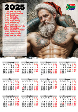 2025 Calendar Featuring Festive AI Generated Santa Fitness Model with South African Holidays