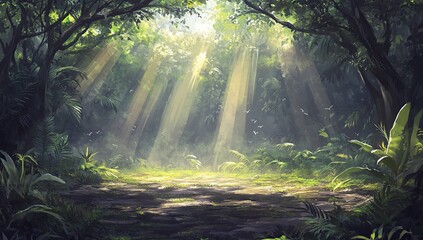 Obraz premium Sunbeams Illuminating a Lush Tropical Forest Path