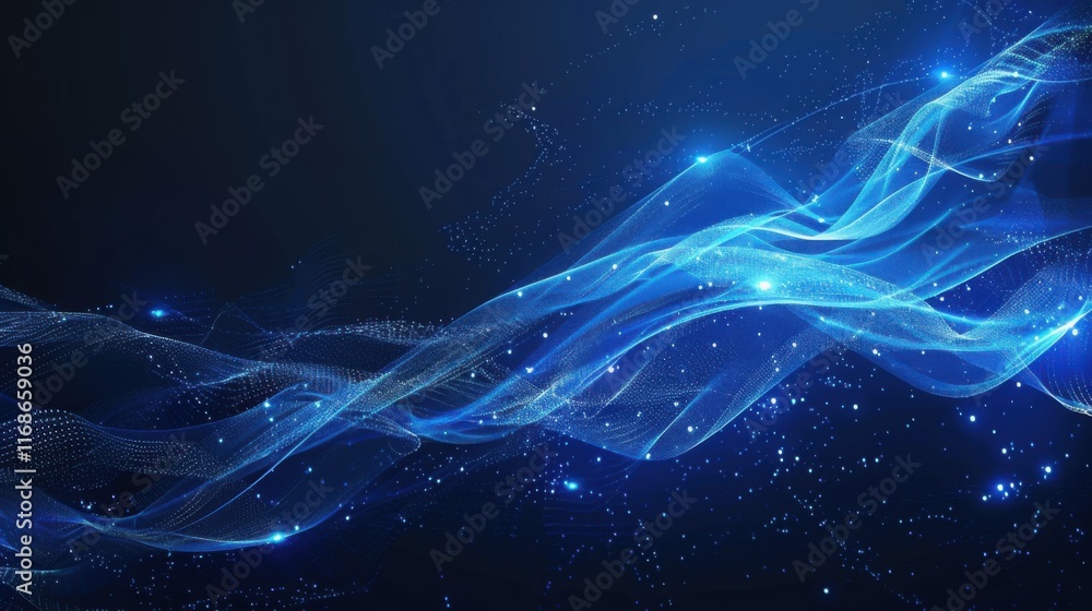 Poster Abstract blue technology background with futuristic digital lines. Dynamic network wave and particle communication. Modern tech design with glowing motion and internet space concepts