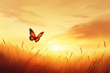 Vibrant Butterfly Flying Over a Golden Sunset Landscape in Open Meadow