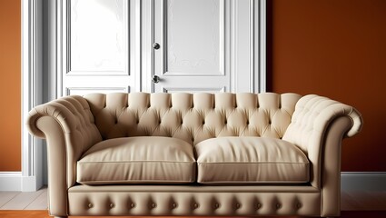 Obraz premium A living room sofa is positioned against an orange wall, with a white classic door in background