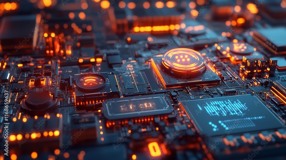 Poster abstract futuristic circuit board technology digital art background 3d blue glow data lines power