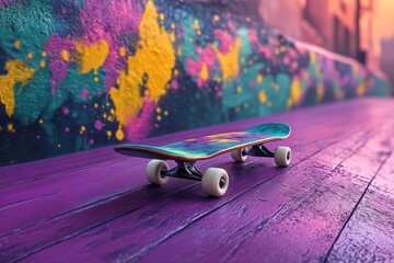 Colorful Skateboard on Vibrant Painted Surface with Urban Artistic Background