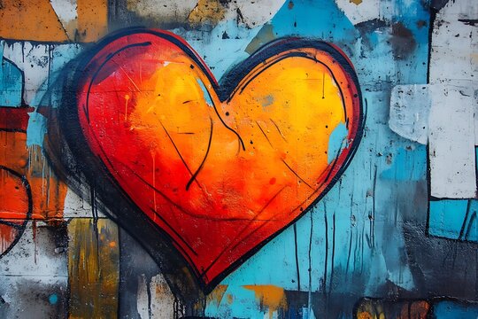 Fototapeta On the wall, colorful hearts symbolize love as graffiti street art