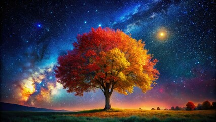 A fantastical digital painting: glowing tree, vibrant leaves, starry night, limitless imagination.