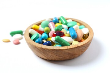 Various pills in a bowl on white background