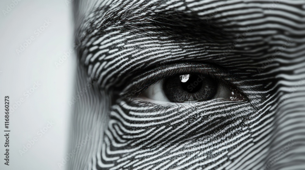 Poster a close-up of an eye with intricate fingerprint patterns, symbolizing identity and individuality.