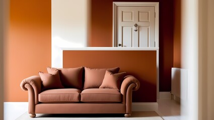 A living room sofa is positioned against an orange wall, with a white classic door in background