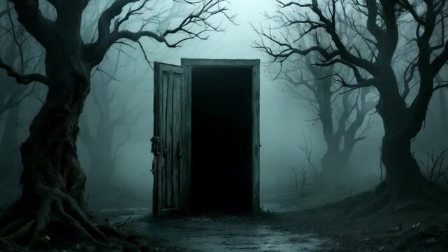 door in the dark mysterious forest scary An eerie fog creeping up to an old rotten door to an unknown place surrounded by a dead landscape.