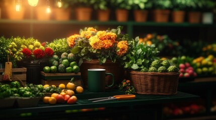 Floral Market Stall with Fresh Flowers and Greenery. Generative AI