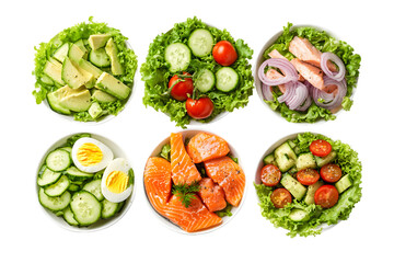 Six Components of Prepared Salads in Bowls Isolated On A White Background, PNG Transparent
