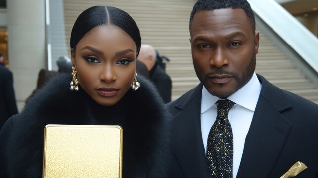 Stylish couple posing, woman holding gold clutch.