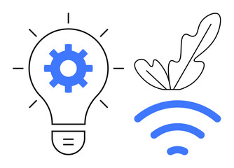 Technological light bulb with a gear, a leaf, and wireless signal. Ideal for themes of innovation, sustainability, technology, connectivity, eco-friendly solutions, progress modern communication
