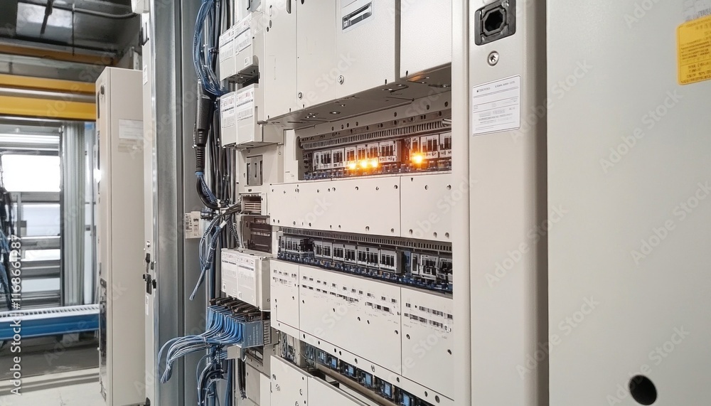 Poster electrical cabinet showing multiple circuit breakers and wiring in industrial setting