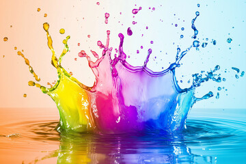 Bright multicolored water splash on neutral gradient background