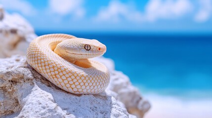 Fototapeta premium Albino Snake on White Rock with Blue Sky Background, Contrast of Nature Wildlife