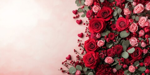 Beautiful arrangement of red and pink roses with lush green leaves and hearts on a soft pink background, perfect for romantic themes.
