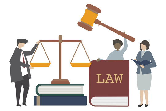 law concept with scales, gavel, books, people clip art preview