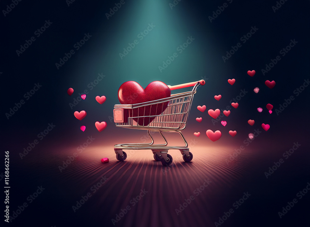 Poster a large red heart sits inside a small shopping cart, surrounded by smaller hearts floating in the ai
