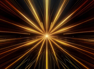 Fototapeta premium Golden light rays burst from a central point, radiating outwards in a symmetrical pattern against a dark background, creating a mesmerizing effect of speed and energy.