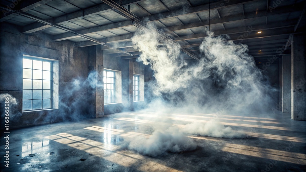 Aufkleber a room with a concrete floor is filled with swirling smoke, illuminated by a soft light from above, 