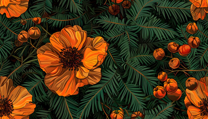 Orange Flower Illustration with Green Leaves