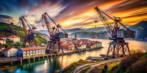 Fototapeta premium Asturias Industrial Tourism: San Esteban de Pravia Port & Cranes Double Exposure