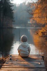Child fishing from a wooden dock during sunset in a tranquil forest location