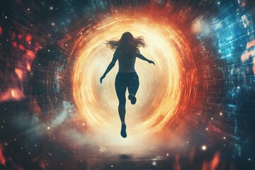 Fototapeta premium A digital image generated from a young woman jumping through a portal door in an imaginary world