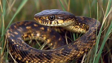 Fototapeta premium Graceful Serpent in Sunlit Meadow - Intricate Scales of a Small Snake Gleaming Among Tall Grass