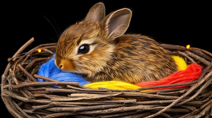 Playful baby rabbit nestled in colorful nest close-up photography dark background charming wildlife concept