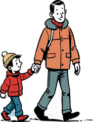 Father and son walking together in winter clothes