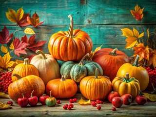 Autumn Abundance: Festive Pumpkins & Colorful Leaves Against a Solid Background