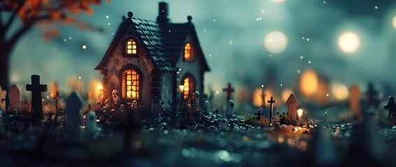 Obraz premium Enchanting Halloween Scene with Glowing House Surrounded by Graveyard and Flickering Lights
