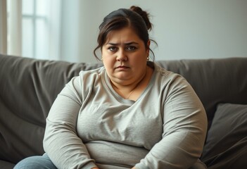 Fototapeta premium Overweight female with a sad expression, sitting on a couch