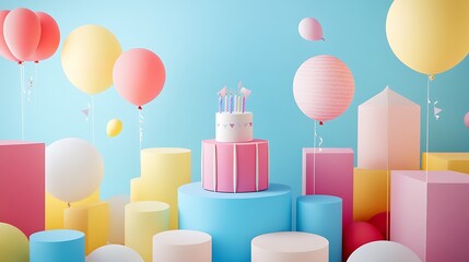Pastel Birthday Cake Balloons Geometric Scene