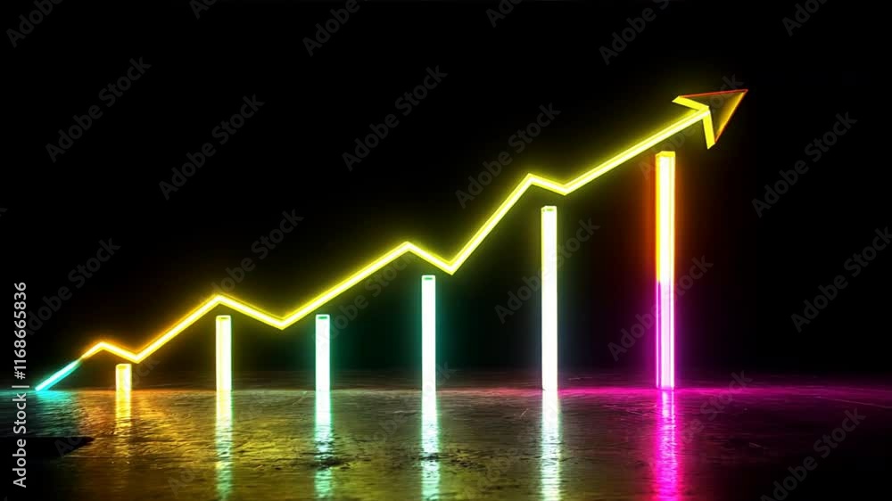 Poster neon glowing graph with colorful lines and arrows illustrating upward trend in business and finance 