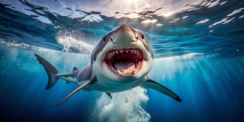 Great White Shark Underwater, Jaws Open, Ocean Predator, Wildlife Photography